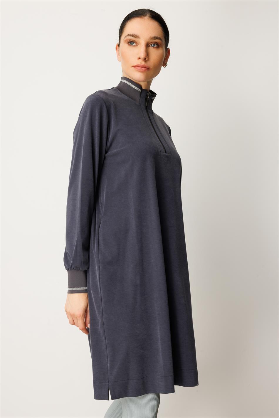 Qabırğalı qollar və yaxalıqlı, yumşaq modal idman üslublu orta uzunluqlu tunika - Tünd göy