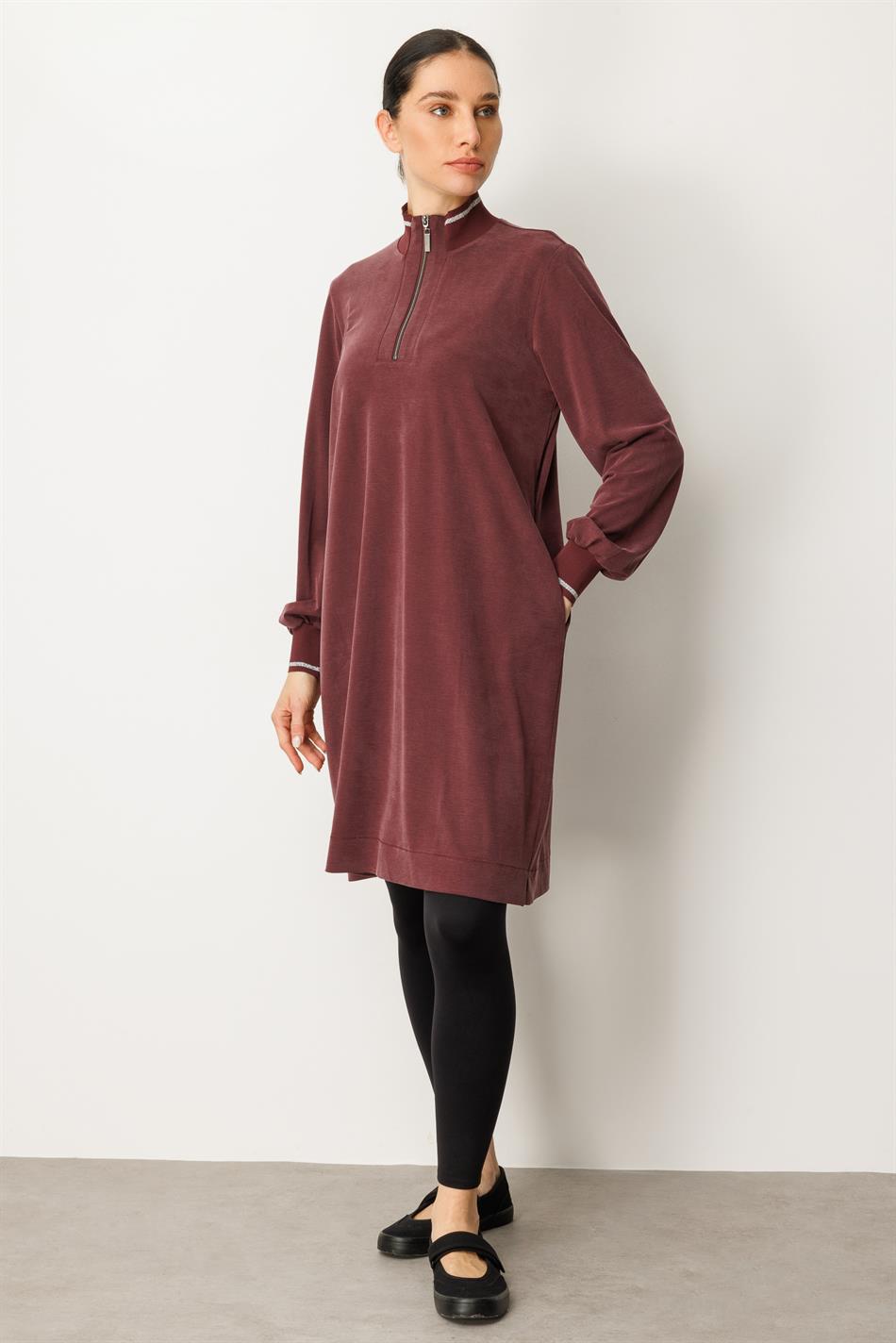 Qabırğalı qollar və yaxalıqlı, yumşaq modal idman üslublu orta uzunluqlu tunika - Bordo