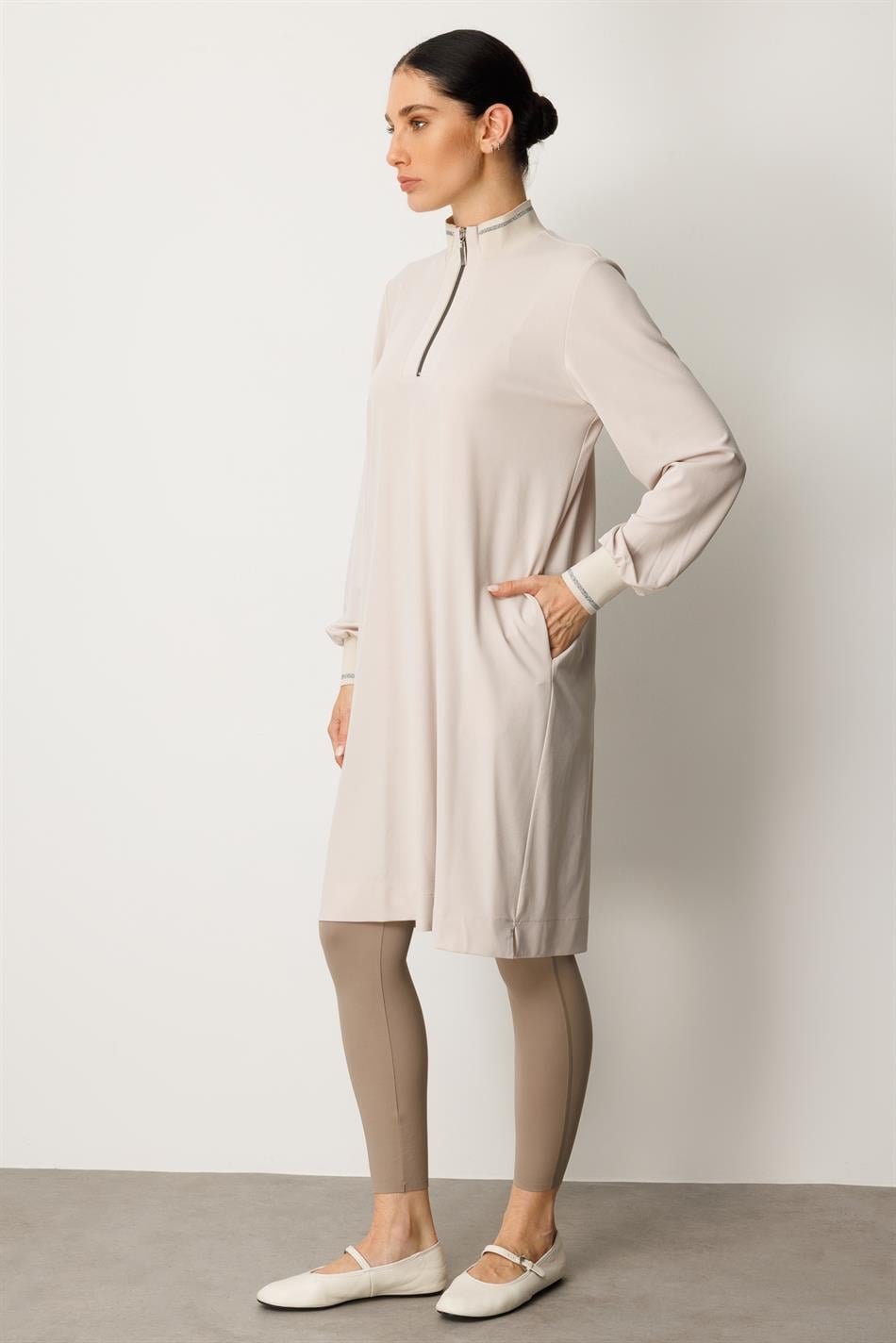 Örme Softy Modal  Kol ve Yaka Ribanalı  Spor Araboy Kap Tunik-Taş