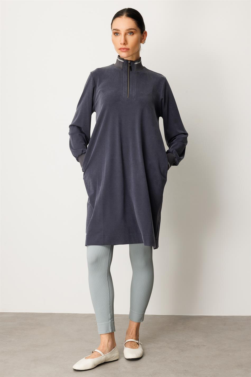 Qabırğalı qollar və yaxalıqlı, yumşaq modal idman üslublu orta uzunluqlu tunika - Tünd göy
