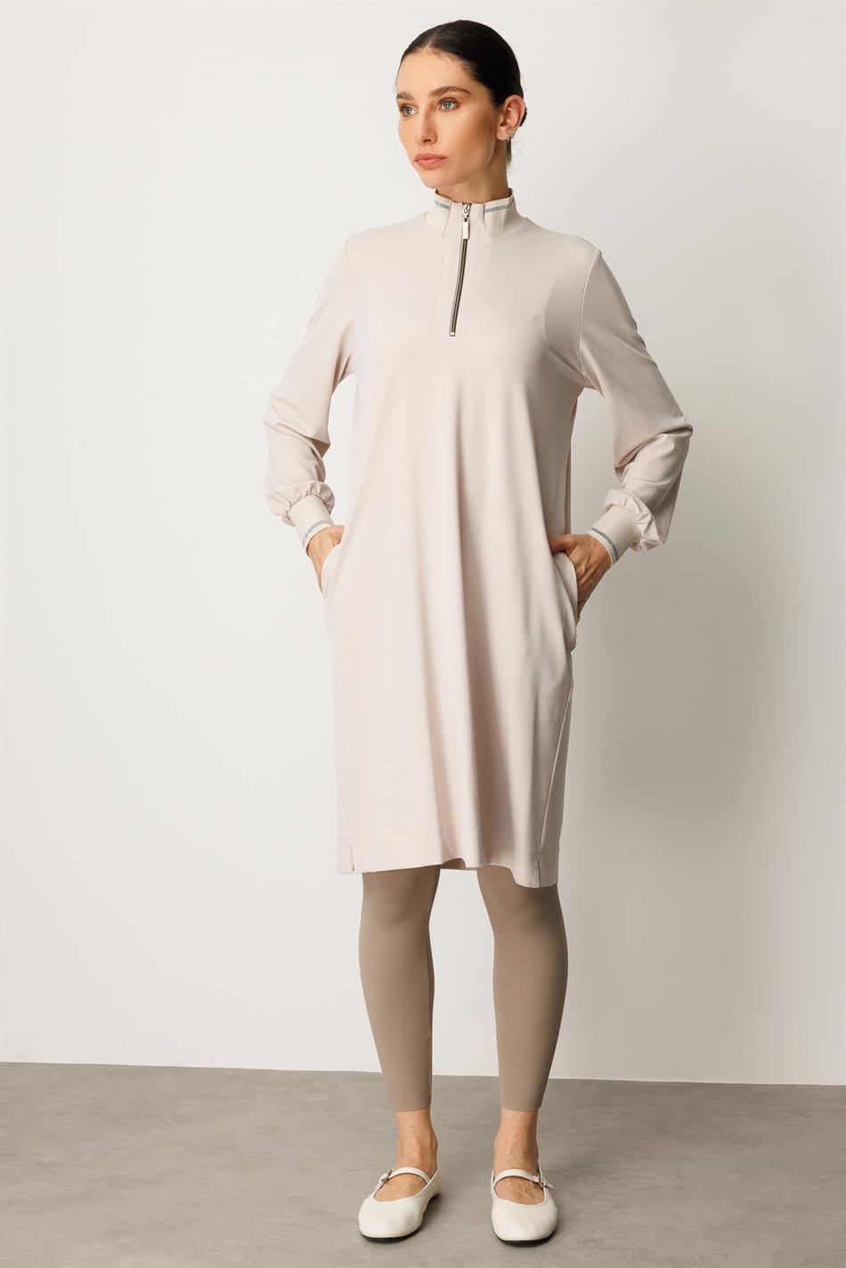 Örme Softy Modal  Kol ve Yaka Ribanalı  Spor Araboy Kap Tunik-Taş