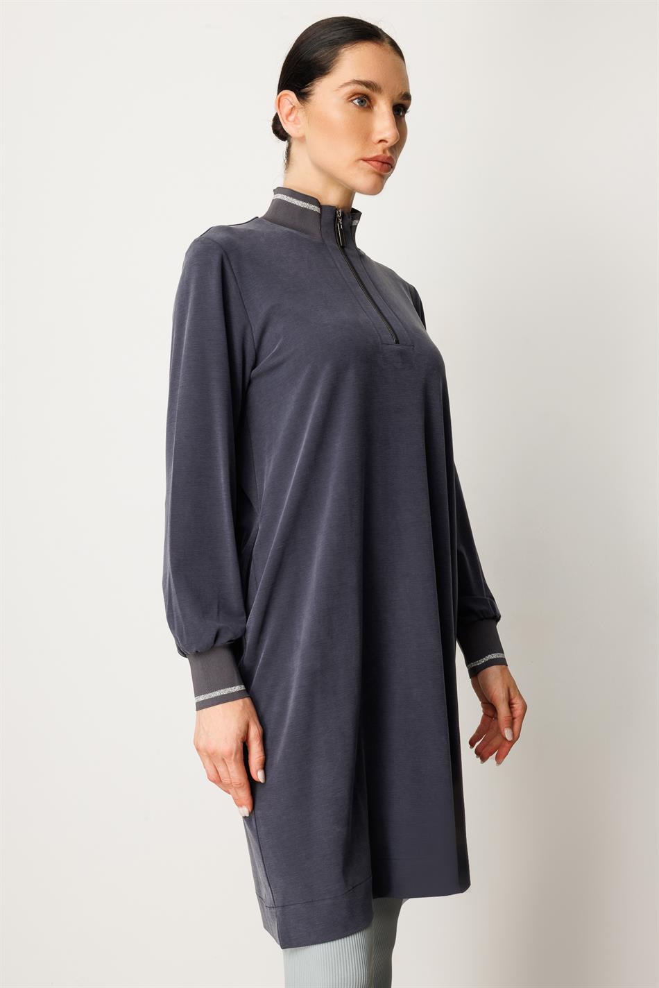 Qabırğalı qollar və yaxalıqlı, yumşaq modal idman üslublu orta uzunluqlu tunika - Tünd göy