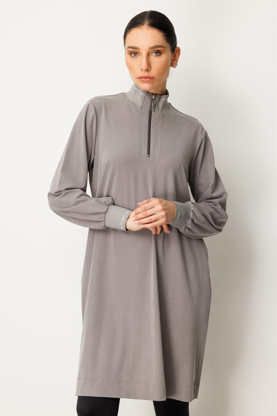 Örme Softy Modal  Kol ve Yaka Ribanalı  Spor Araboy Kap Tunik-Gri
