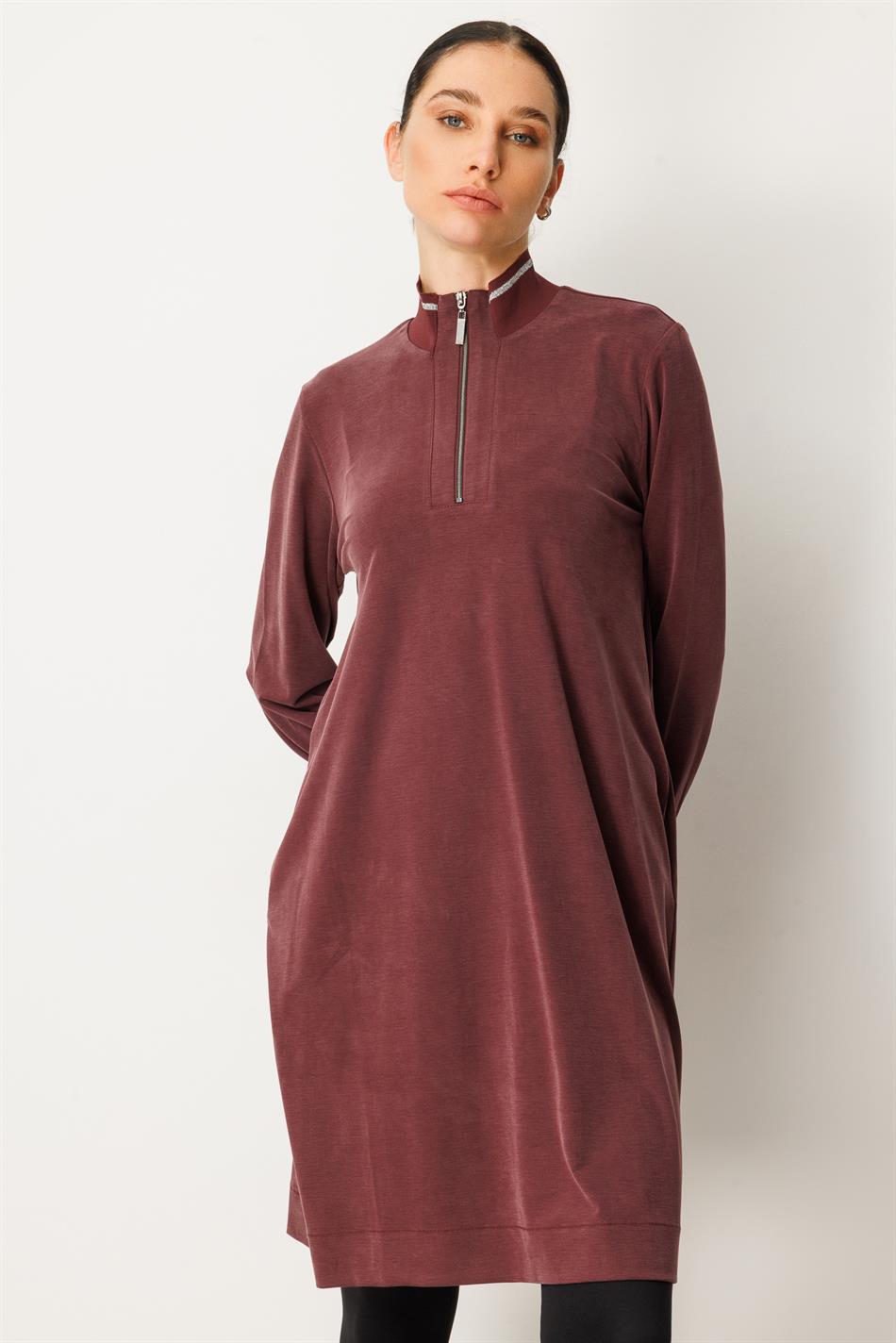 Qabırğalı qollar və yaxalıqlı, yumşaq modal idman üslublu orta uzunluqlu tunika - Bordo