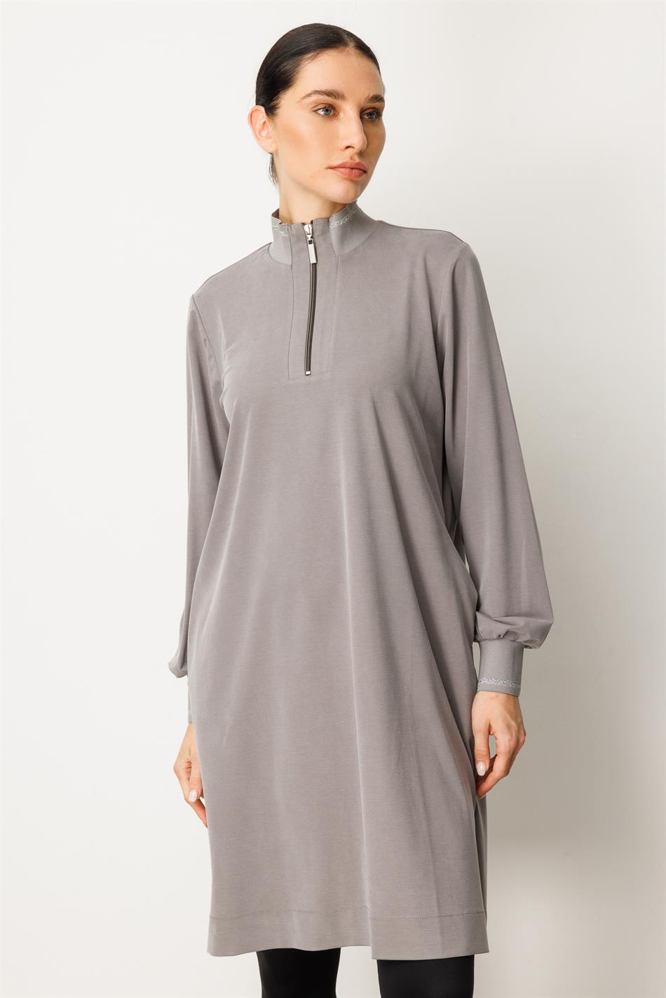 Örme Softy Modal  Kol ve Yaka Ribanalı  Spor Araboy Kap Tunik-Gri