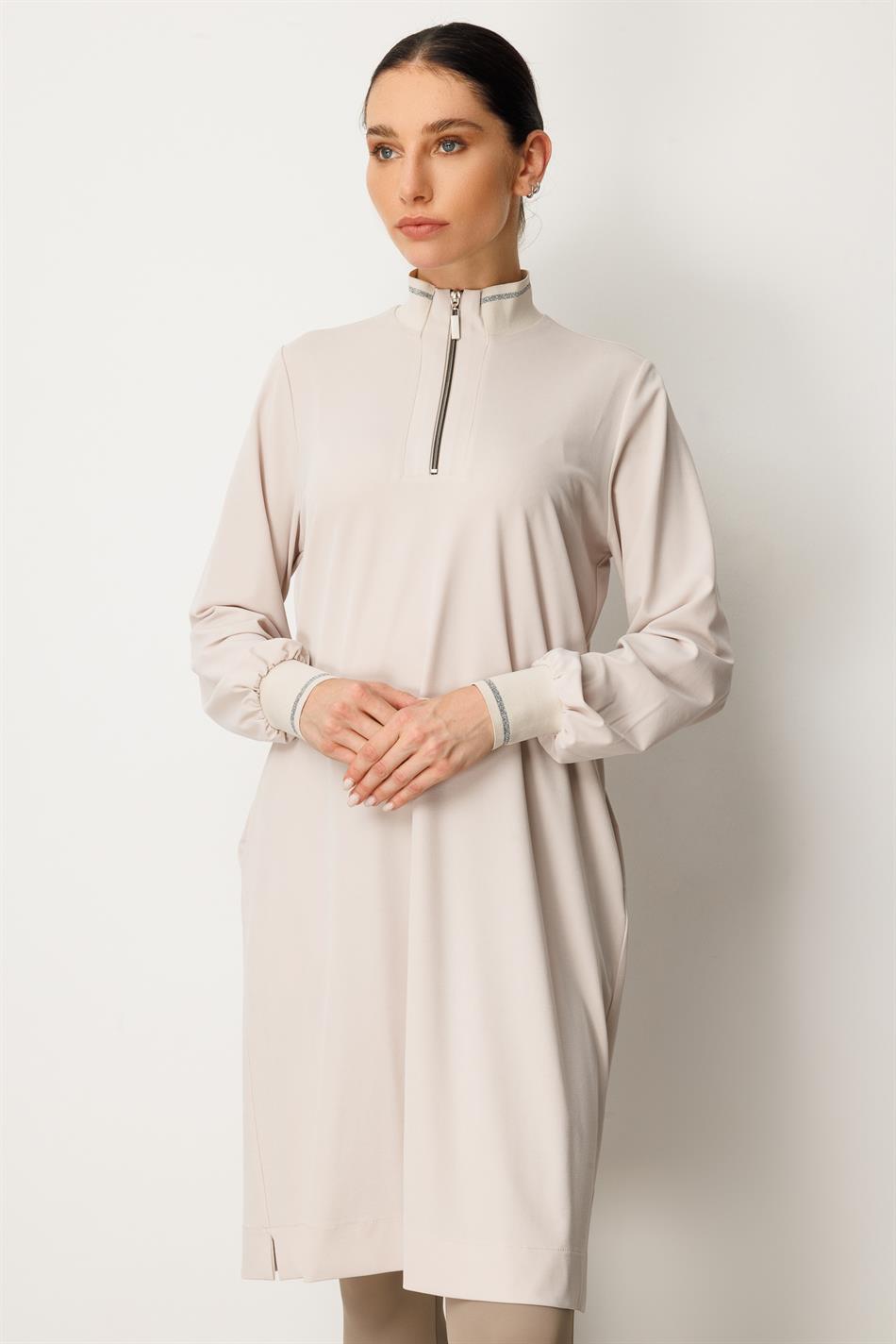 Örme Softy Modal  Kol ve Yaka Ribanalı  Spor Araboy Kap Tunik-Taş