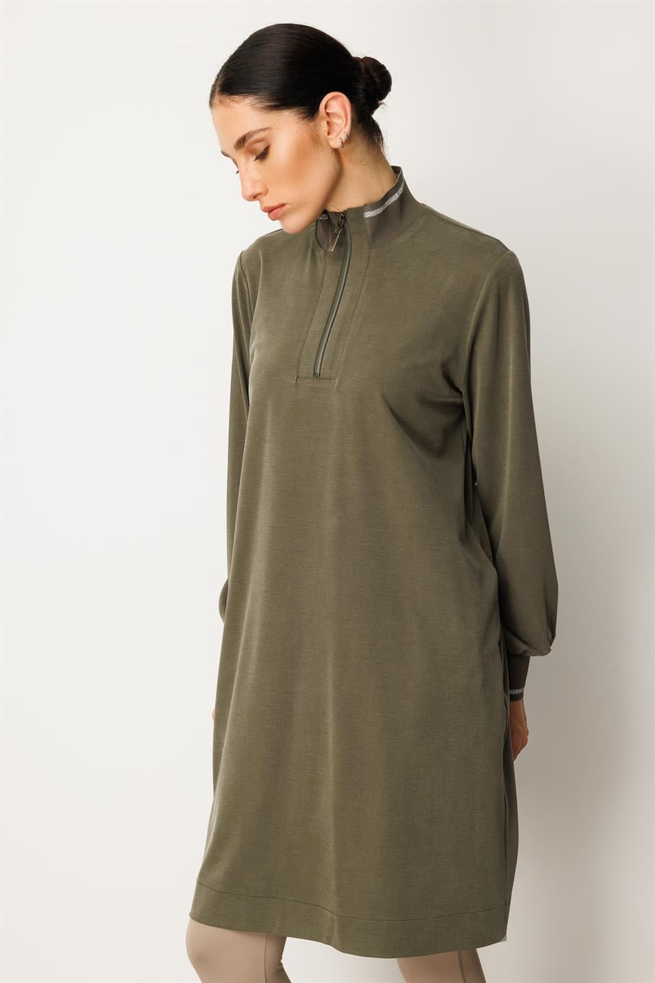 Qabırğalı qolları və yaxalığı olan yumşaq modal idman üslublu orta uzunluqlu tunika - Xaki