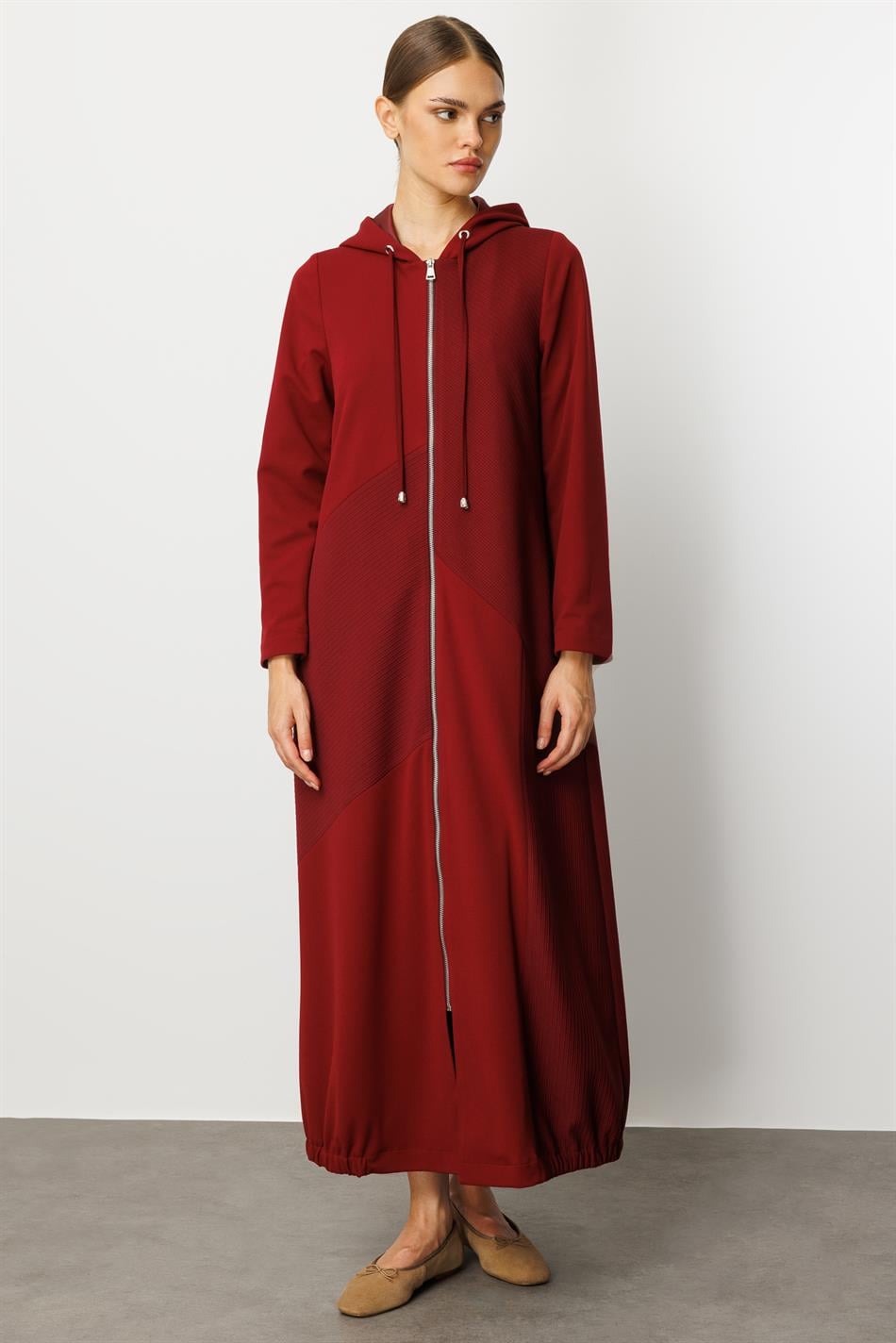 Otto Parça və Sadə Krep Teksturalı Yamaq İşi, Tam Astarlı, Zamansız Mövsümi Xəndək/Kap - Burqundiya