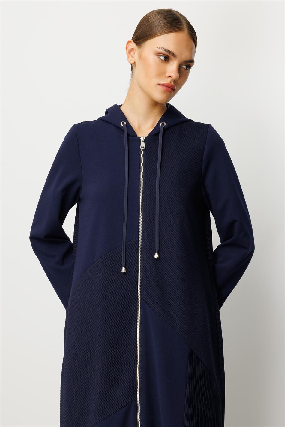 Otto Parça və Sadə Krep Teksturalı Yamaqlı, Tam Astarlı, Zamansız Mövsümi Trench/Pepe, Tünd Göy rəngdə