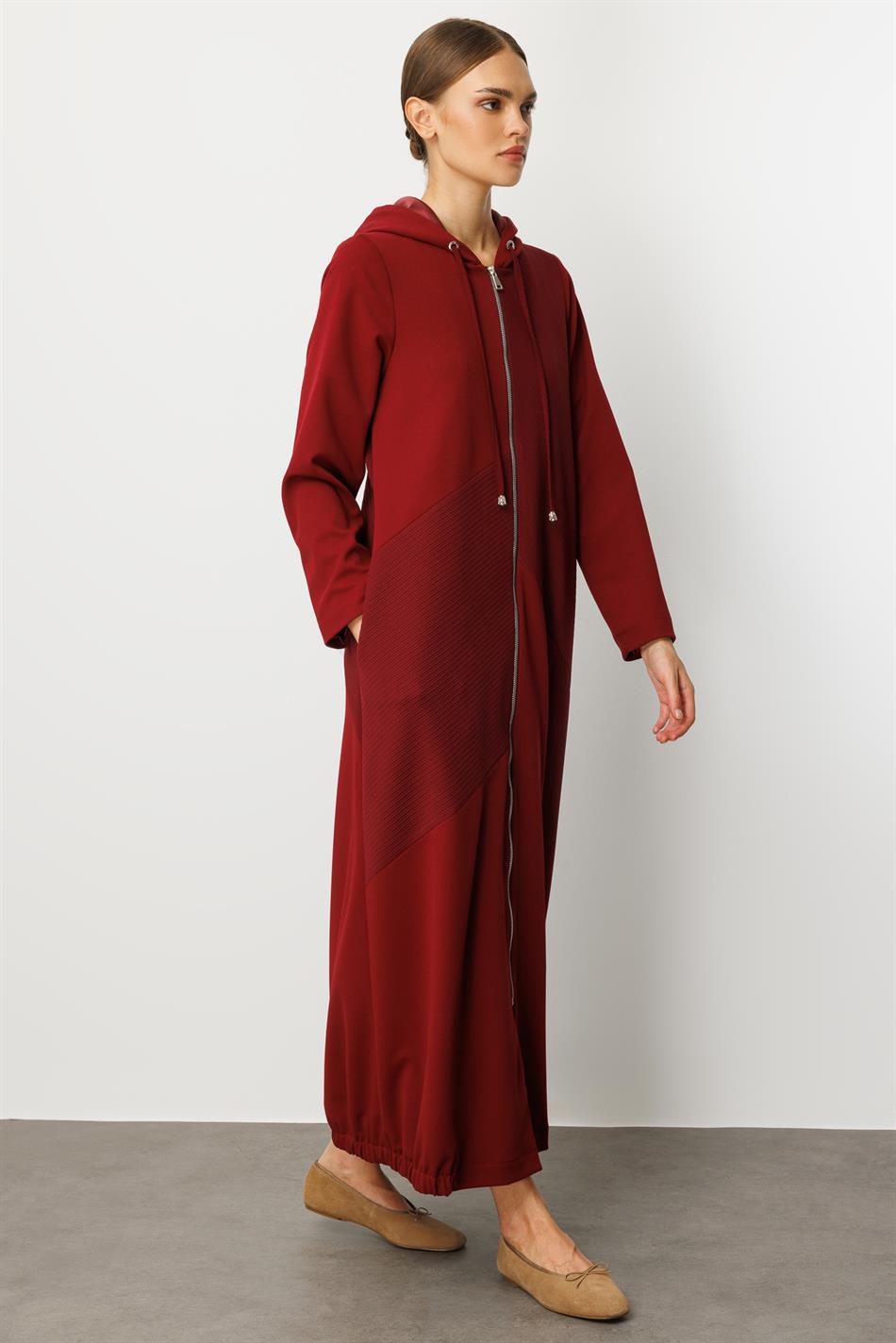 Otto Parça və Sadə Krep Teksturalı Yamaq İşi, Tam Astarlı, Zamansız Mövsümi Xəndək/Kap - Burqundiya