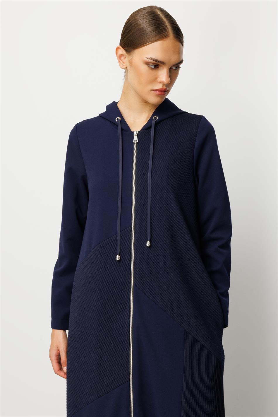 Otto Parça və Sadə Krep Teksturalı Yamaqlı, Tam Astarlı, Zamansız Mövsümi Trench/Pepe, Tünd Göy rəngdə