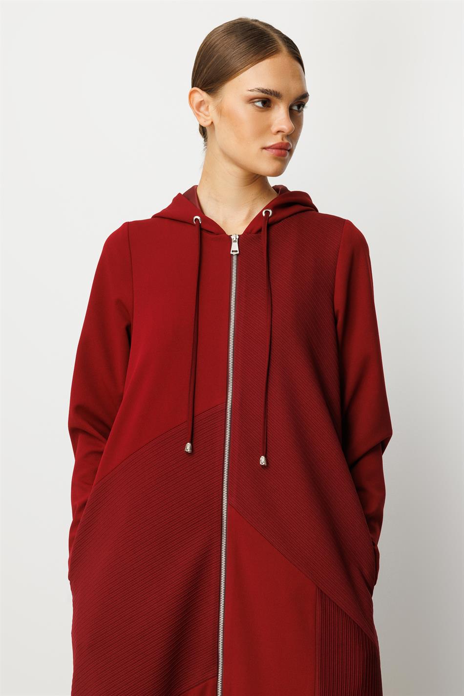 Otto Parça və Sadə Krep Teksturalı Yamaq İşi, Tam Astarlı, Zamansız Mövsümi Xəndək/Kap - Burqundiya