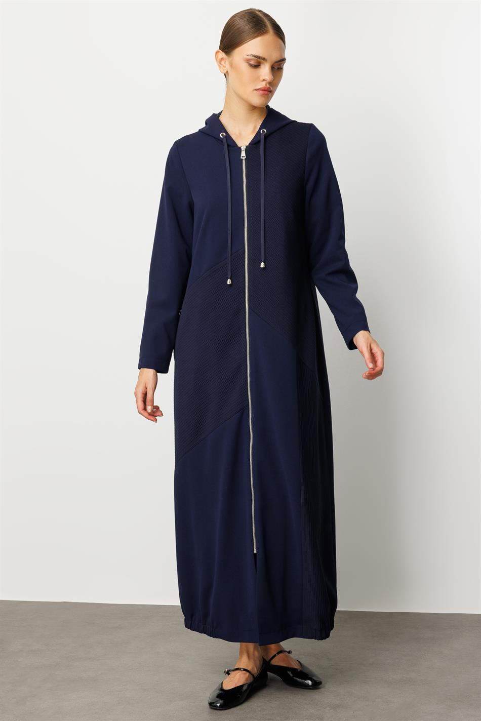 Otto Parça və Sadə Krep Teksturalı Yamaqlı, Tam Astarlı, Zamansız Mövsümi Trench/Pepe, Tünd Göy rəngdə