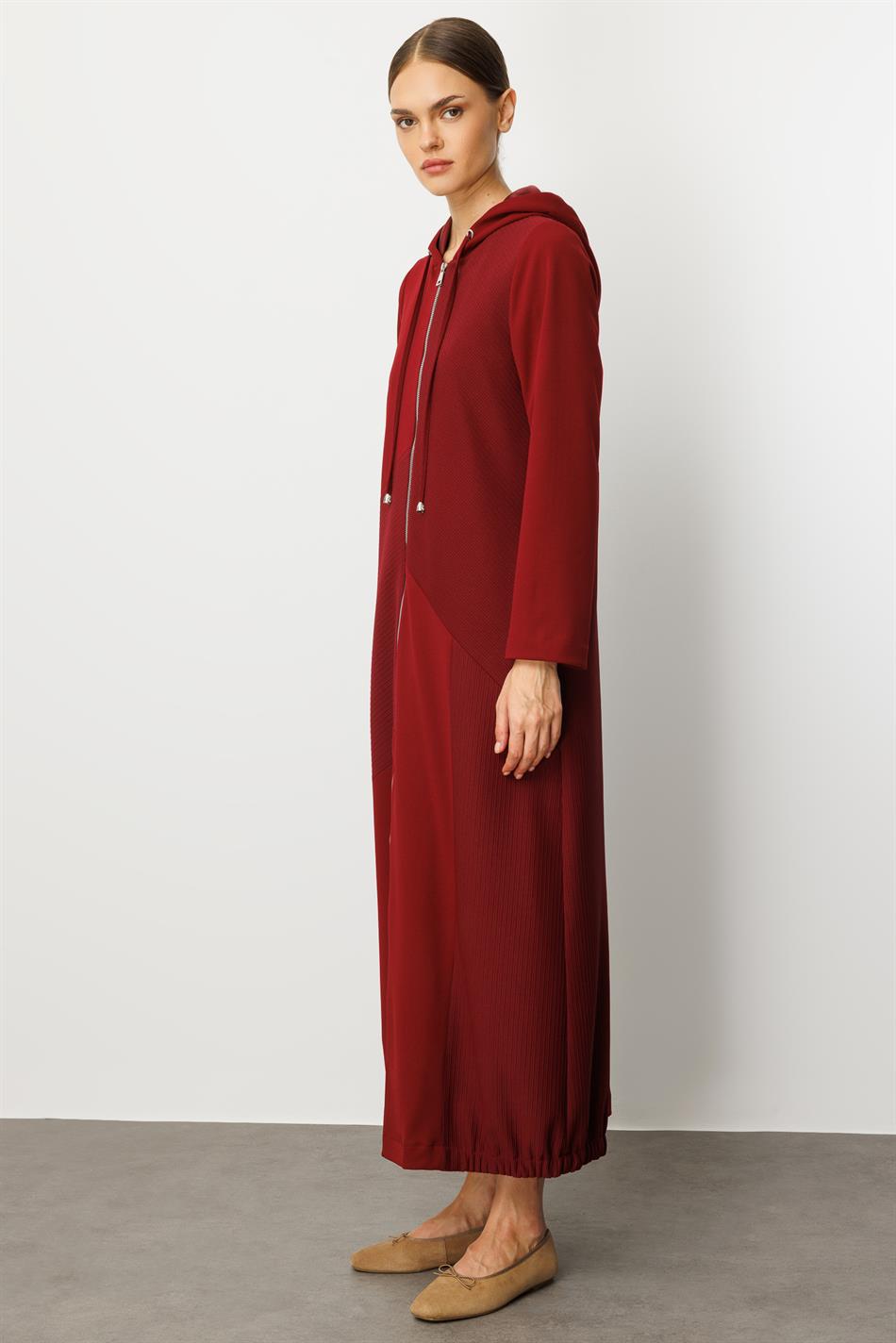 Otto Parça və Sadə Krep Teksturalı Yamaq İşi, Tam Astarlı, Zamansız Mövsümi Xəndək/Kap - Burqundiya