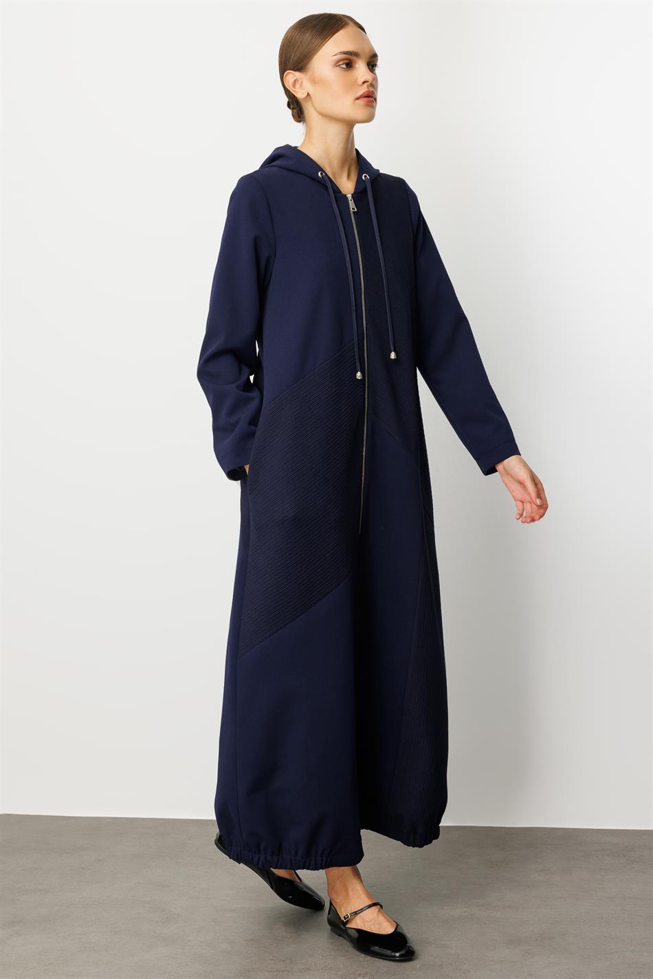 Otto Parça və Sadə Krep Teksturalı Yamaqlı, Tam Astarlı, Zamansız Mövsümi Trench/Pepe, Tünd Göy rəngdə