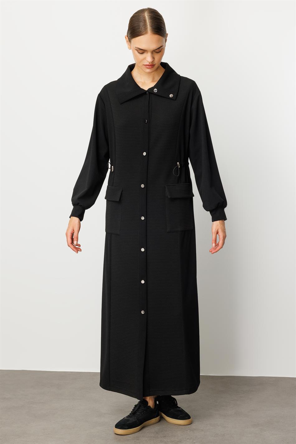 Otto and Crepe Texture Fabric Mix, Accessory Detailed, Lined Sporty Trench Coat/Jacket - Black