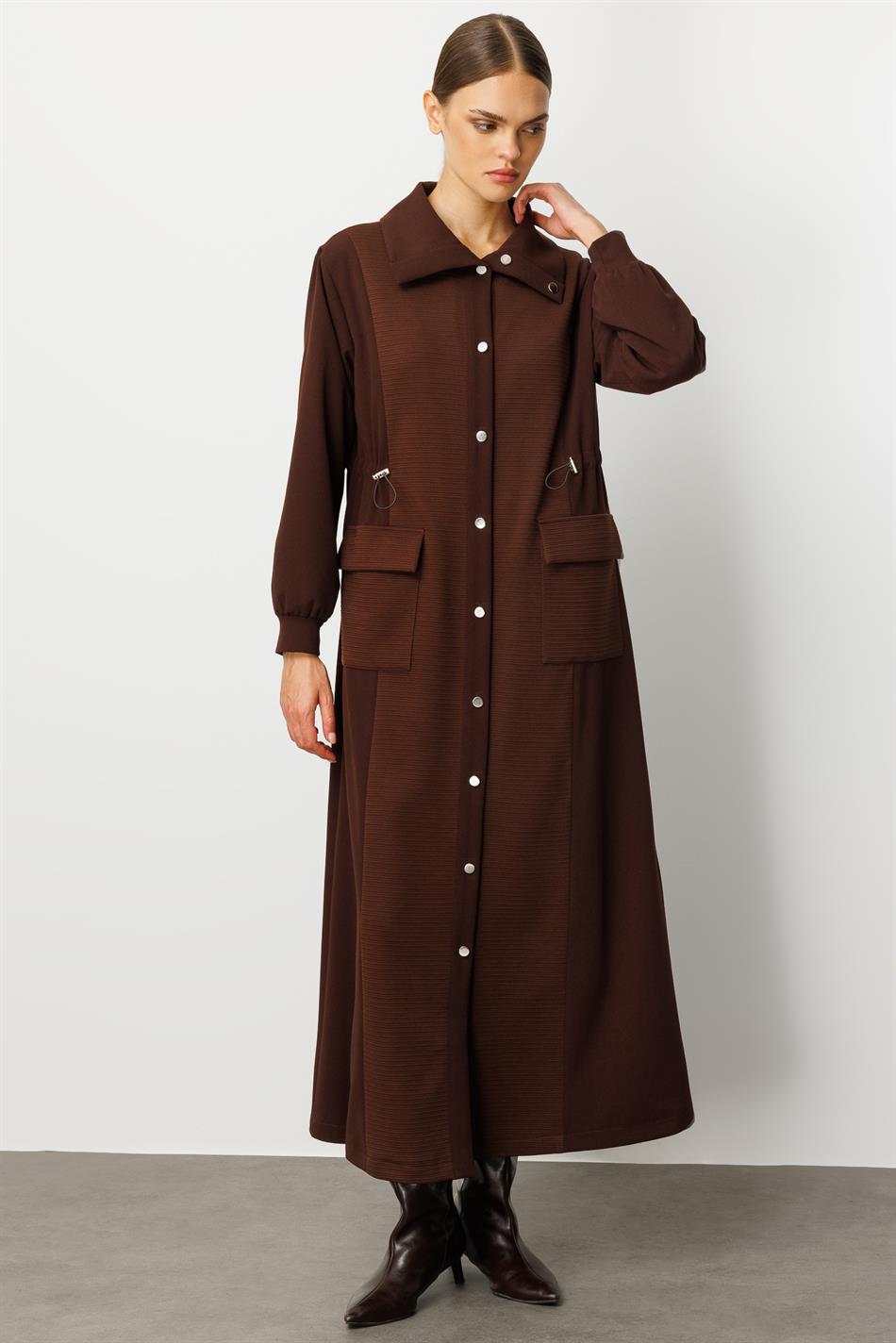 Otto and Crepe Texture Fabric Mix, Accessory Detailed, Lined Sporty Trench Coat / Brown