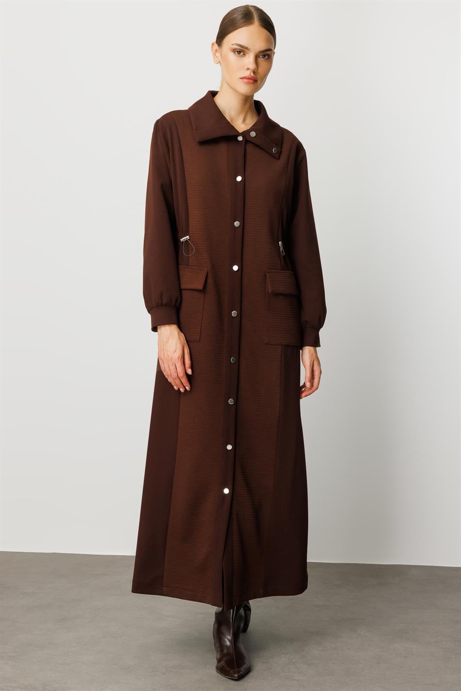 Otto and Crepe Texture Fabric Mix, Accessory Detailed, Lined Sporty Trench Coat / Brown