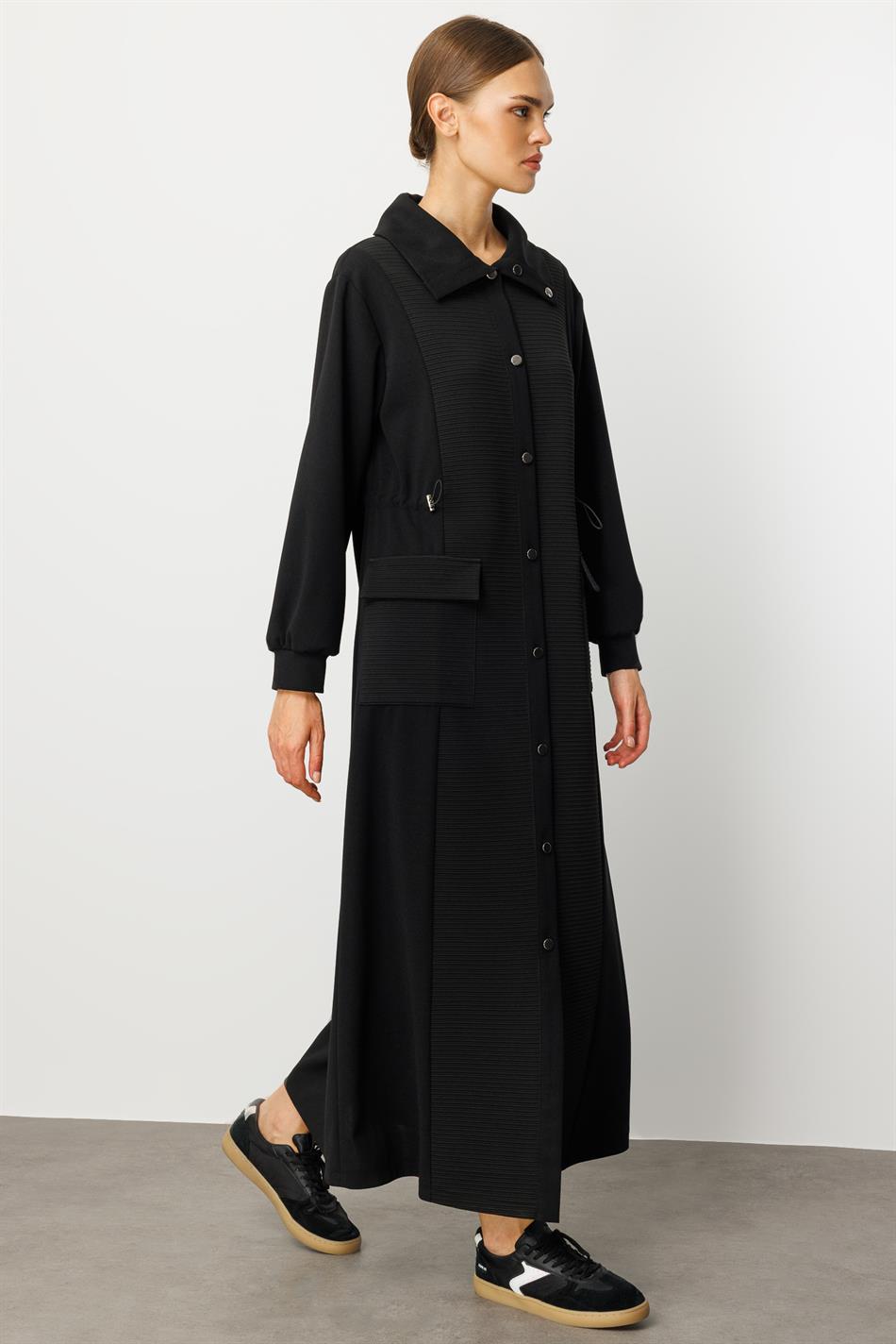 Otto and Crepe Texture Fabric Mix, Accessory Detailed, Lined Sporty Trench Coat/Jacket - Black