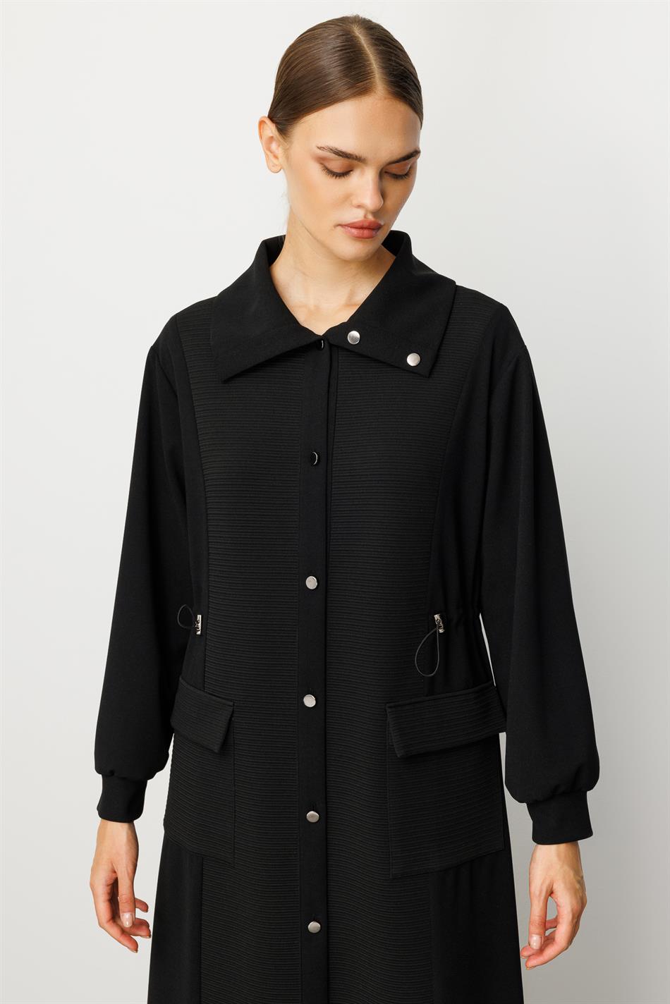 Otto and Crepe Texture Fabric Mix, Accessory Detailed, Lined Sporty Trench Coat/Jacket - Black