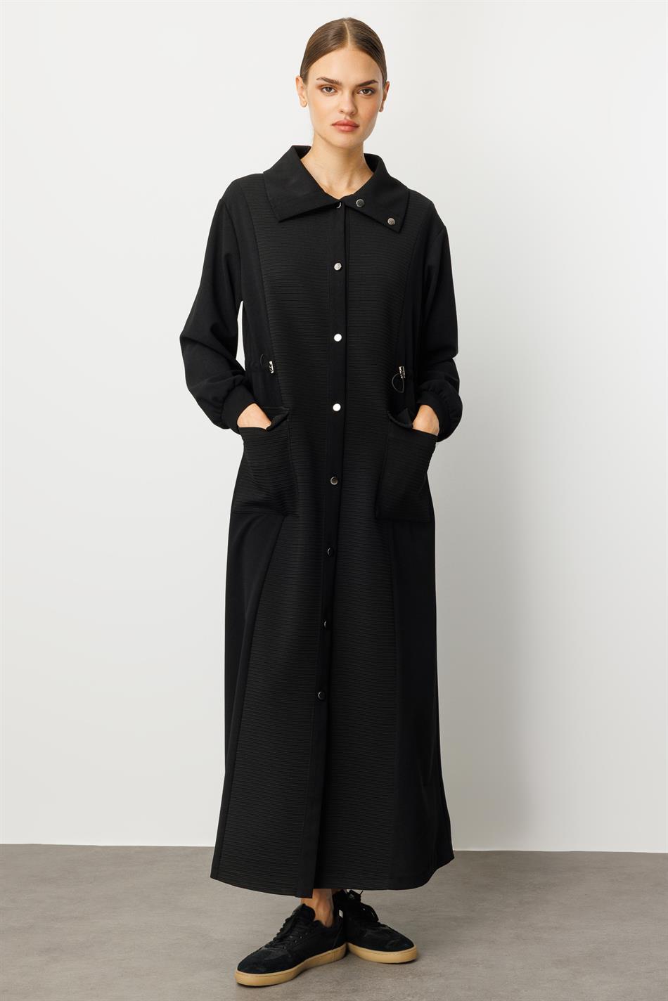 Otto and Crepe Texture Fabric Mix, Accessory Detailed, Lined Sporty Trench Coat/Jacket - Black