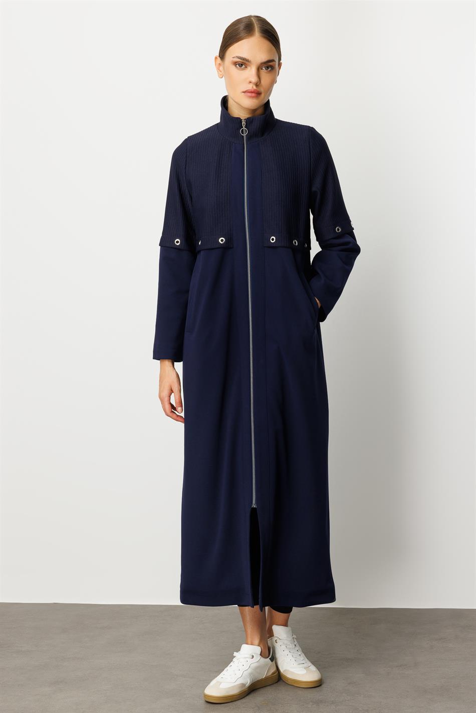 Otto- und Crêpe-Texturmix, gefüttert, mit Aller-Glasur, Details, saisonal, zeitloser Trenchcoat/Mantel – Marineblau