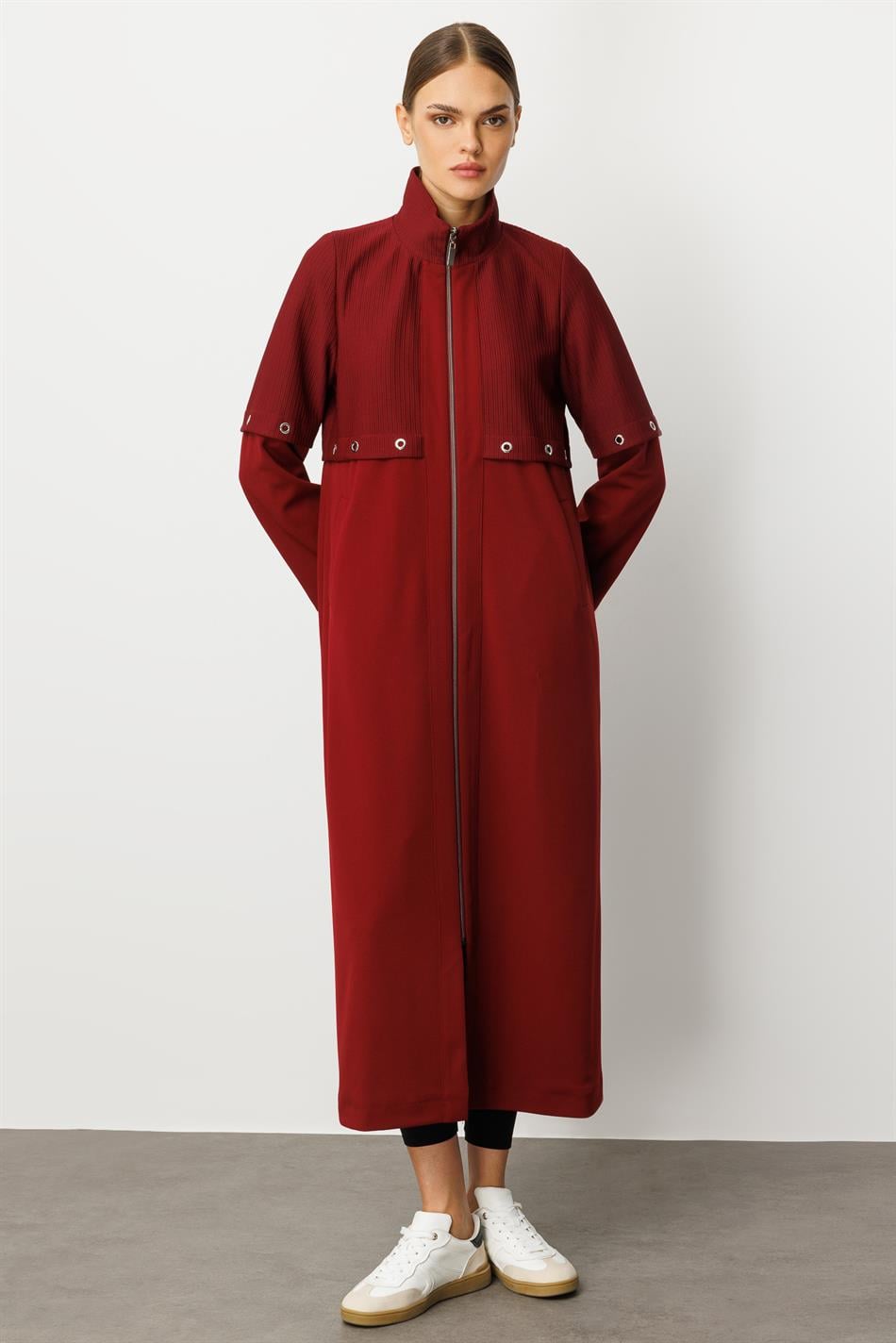 Otto- und Crêpe-Texturmix, gefüttert, alle Garnierung, Details, saisonal, zeitloser Trenchcoat/Mantel – Burgunderrot