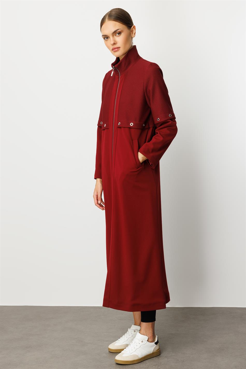 Otto- und Crêpe-Texturmix, gefüttert, alle Garnierung, Details, saisonal, zeitloser Trenchcoat/Mantel – Burgunderrot