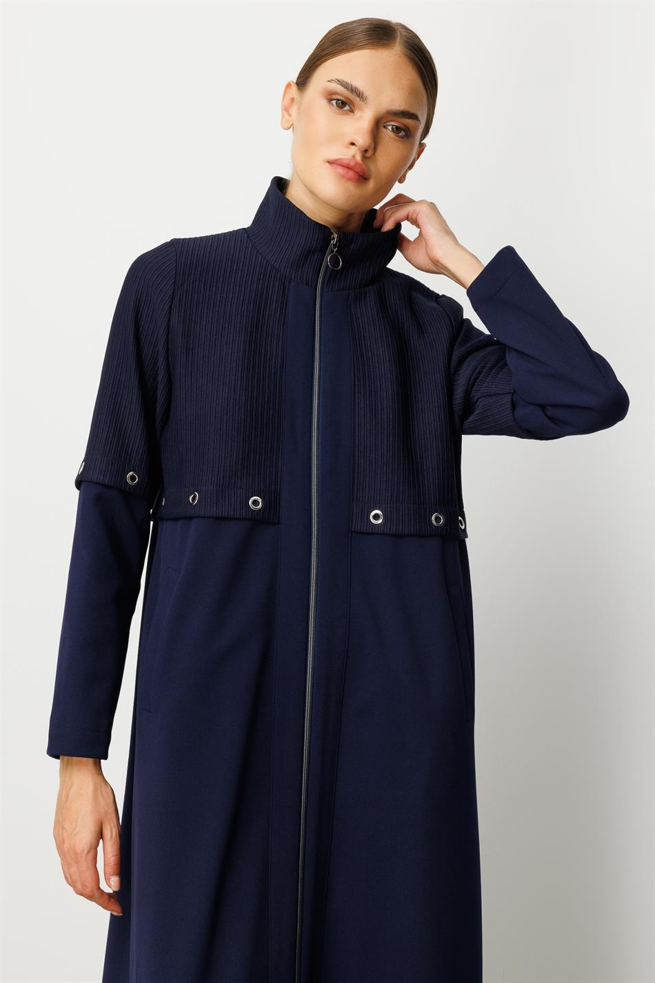 Otto- und Crêpe-Texturmix, gefüttert, mit Aller-Glasur, Details, saisonal, zeitloser Trenchcoat/Mantel – Marineblau