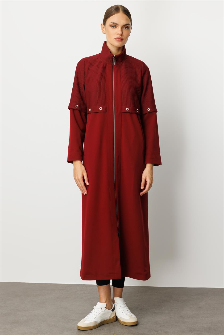 Otto- und Crêpe-Texturmix, gefüttert, alle Garnierung, Details, saisonal, zeitloser Trenchcoat/Mantel – Burgunderrot