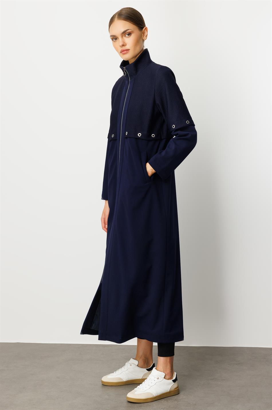 Otto- und Crêpe-Texturmix, gefüttert, mit Aller-Glasur, Details, saisonal, zeitloser Trenchcoat/Mantel – Marineblau