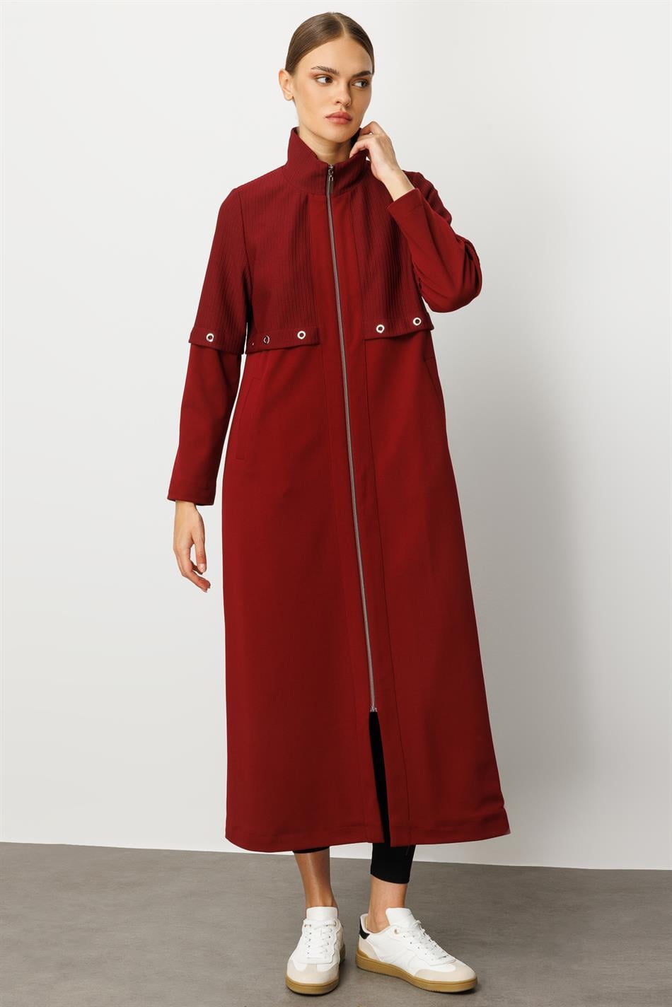 Otto- und Crêpe-Texturmix, gefüttert, alle Garnierung, Details, saisonal, zeitloser Trenchcoat/Mantel – Burgunderrot