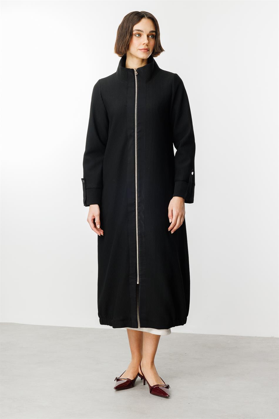 Ottoman Fabric Sporty Closure Timeless Trench Coat - Black
