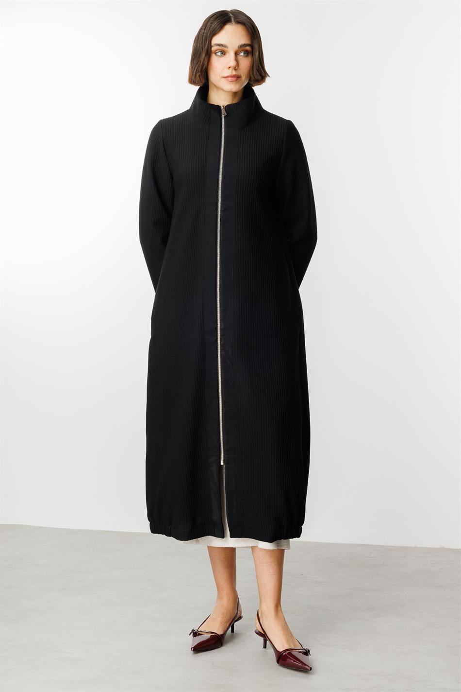 Ottoman Fabric Sporty Closure Timeless Trench Coat - Black