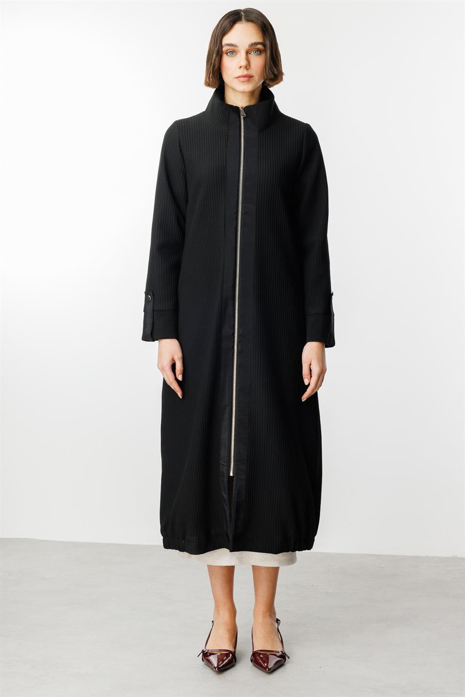 Ottoman Fabric Sporty Closure Timeless Trench Coat - Black