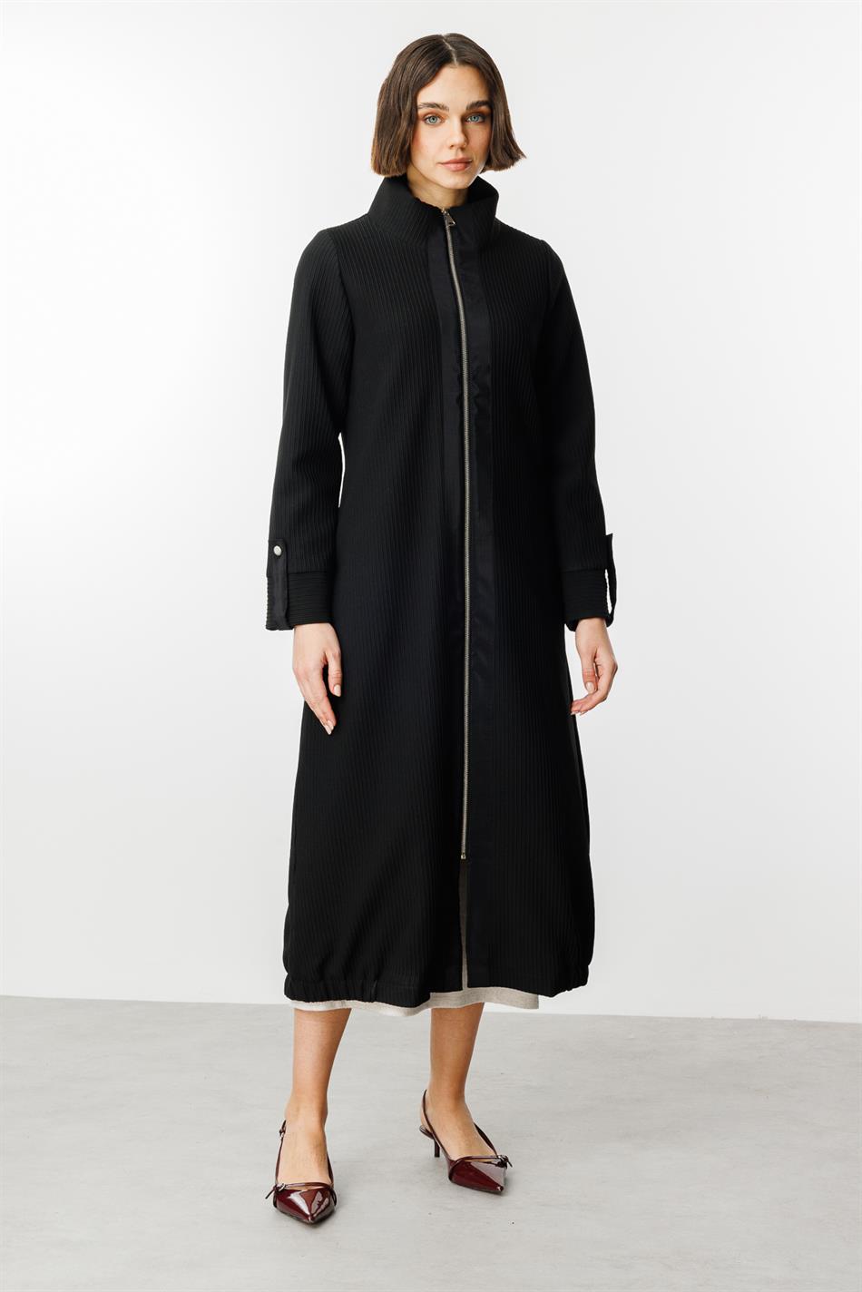 Ottoman Fabric Sporty Closure Timeless Trench Coat - Black