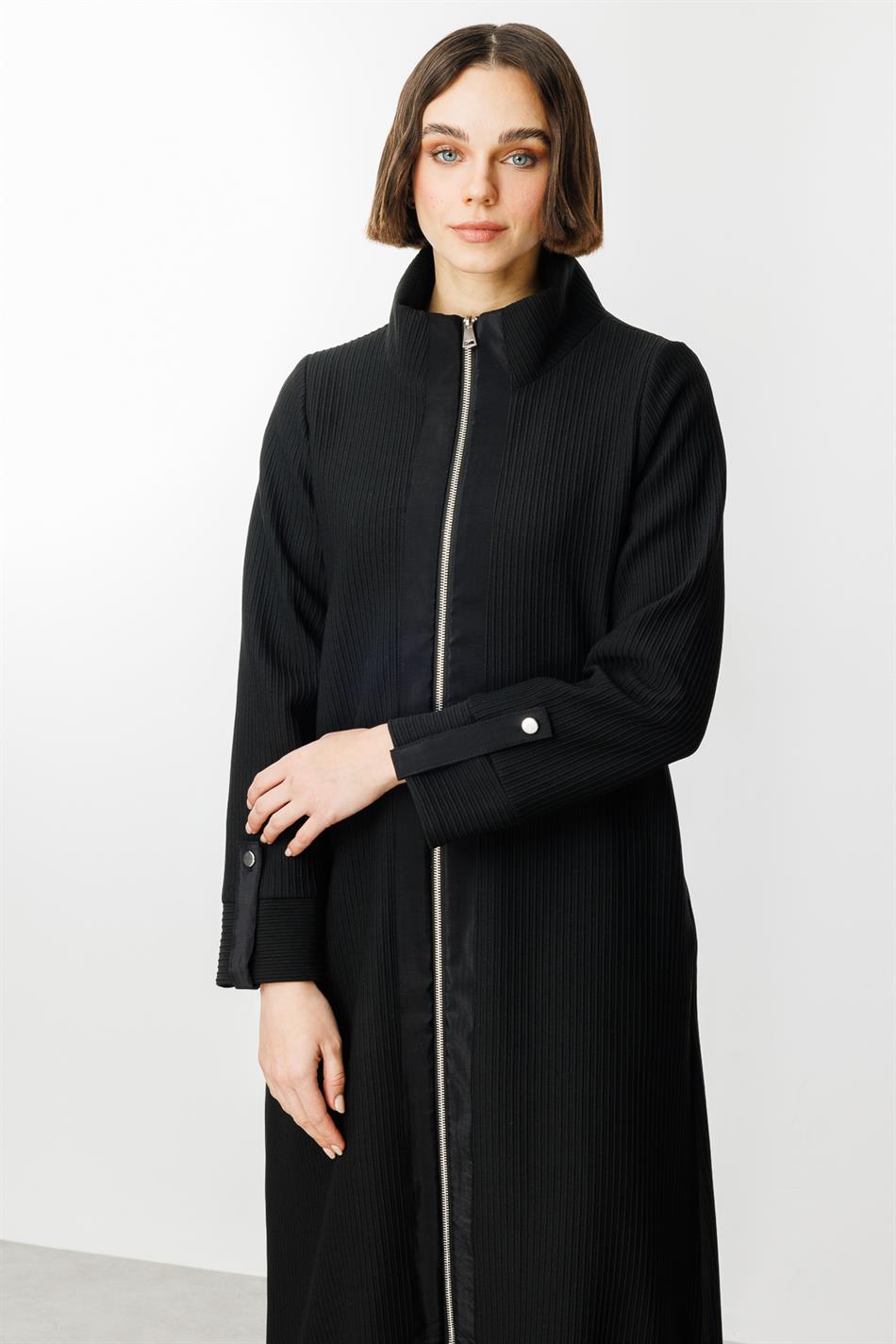 Ottoman Fabric Sporty Closure Timeless Trench Coat - Black