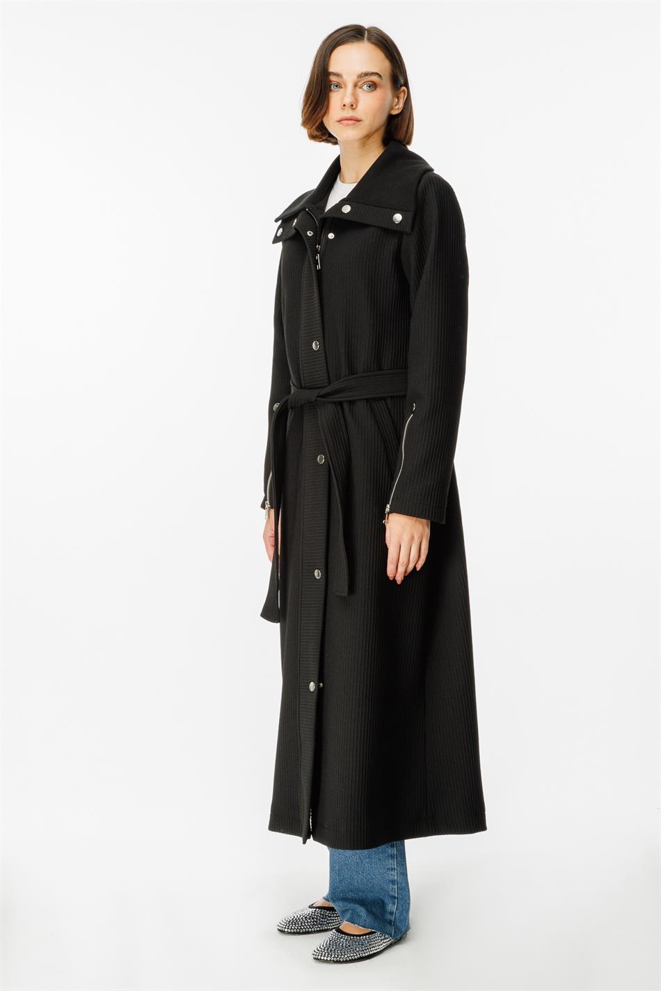 Ottomans Special Woven Knitted Accessory Detailed Spring Trench Coat with Lining - Black