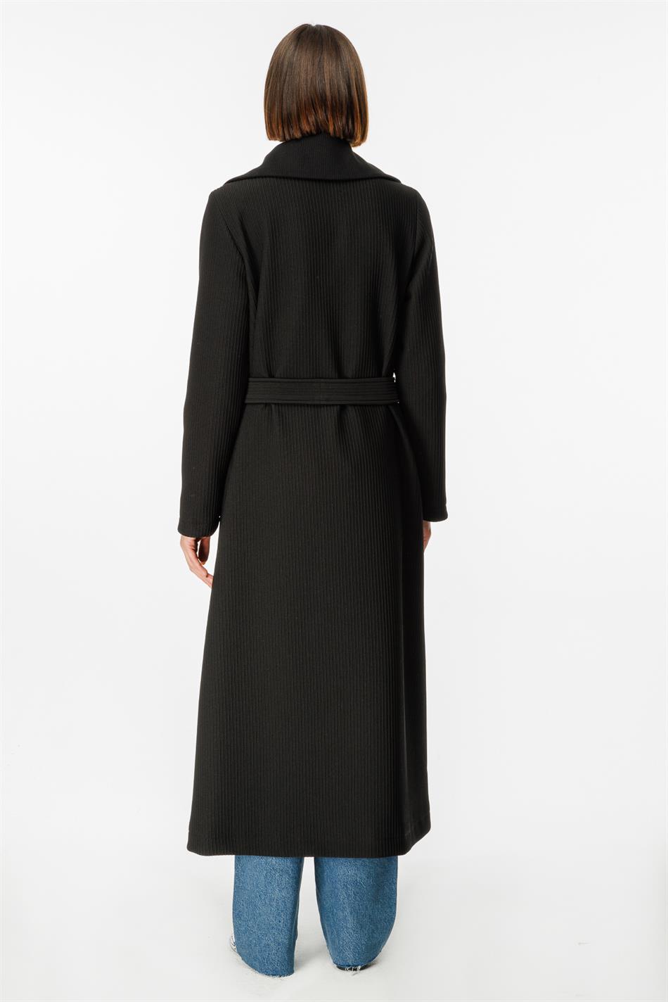 Ottomans Special Woven Knitted Accessory Detailed Spring Trench Coat with Lining - Black