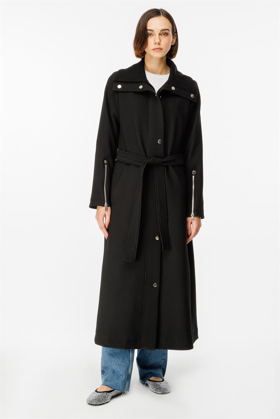 Ottomans Special Woven Knitted Accessory Detailed Spring Trench Coat with Lining - Black