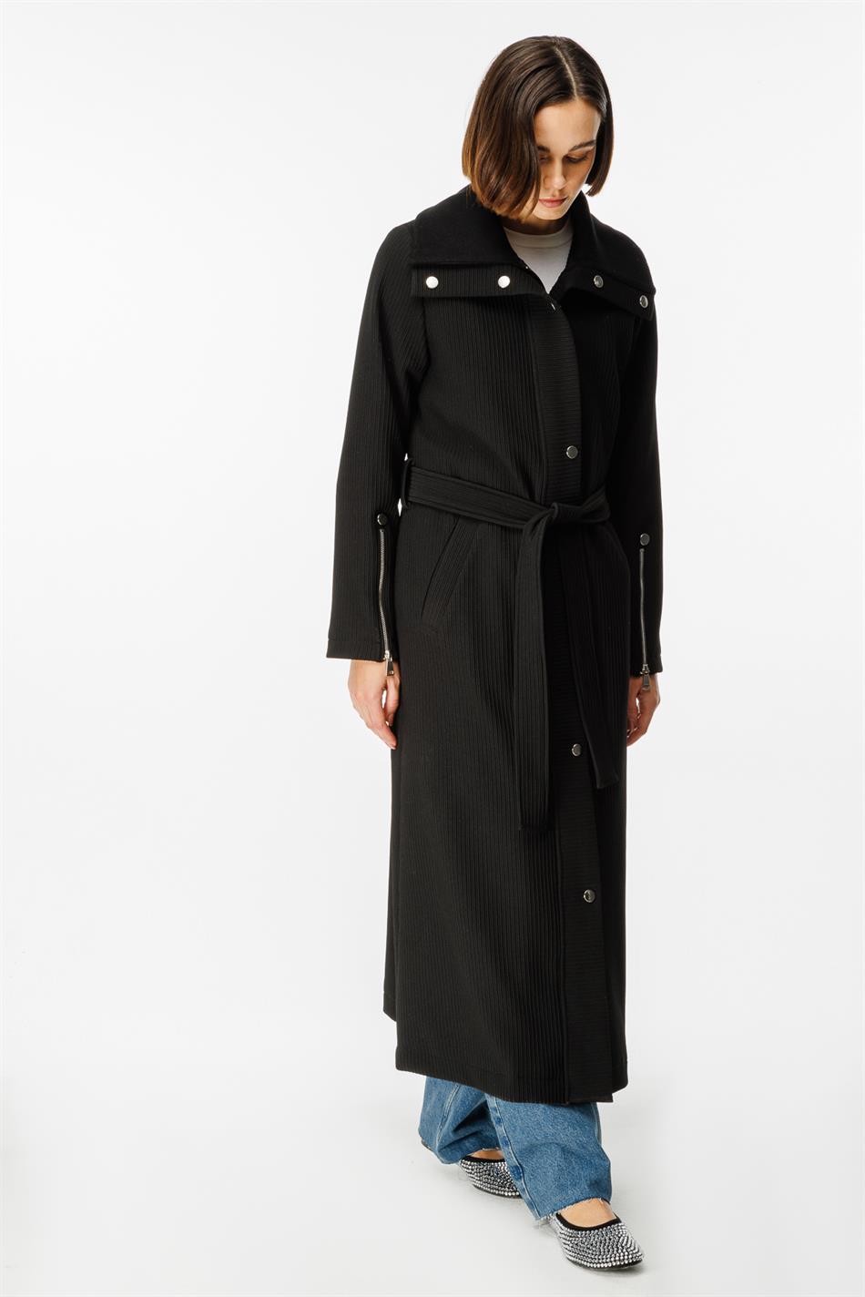 Ottomans Special Woven Knitted Accessory Detailed Spring Trench Coat with Lining - Black