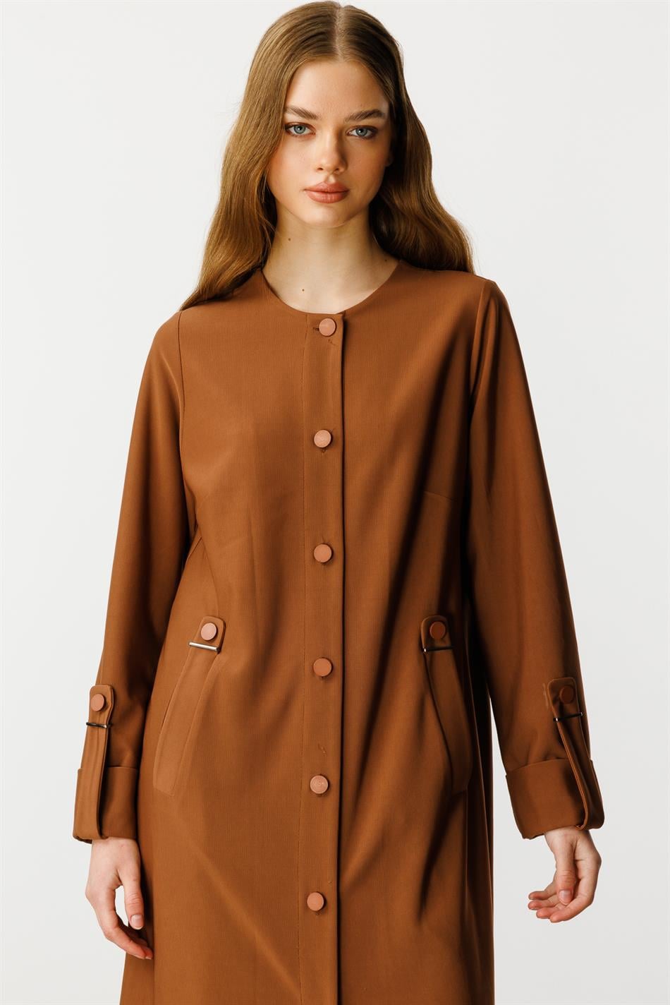 Özel Dökümlü Kumaş Aksesuarlı Kap/ Ferace-Kahve