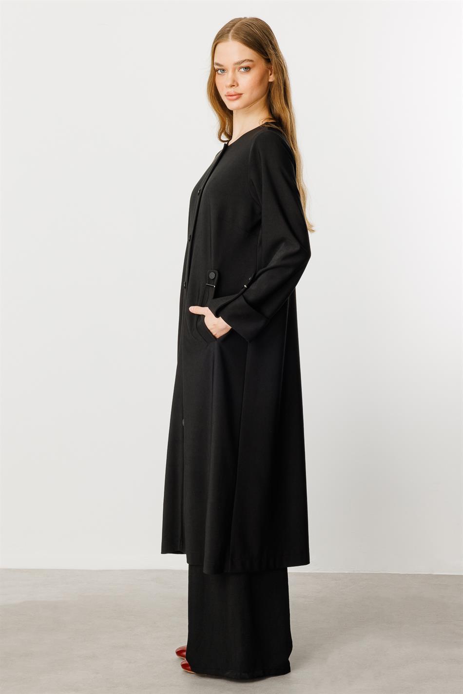 Custom-made draped fabric coat/abaya with accessories - Black