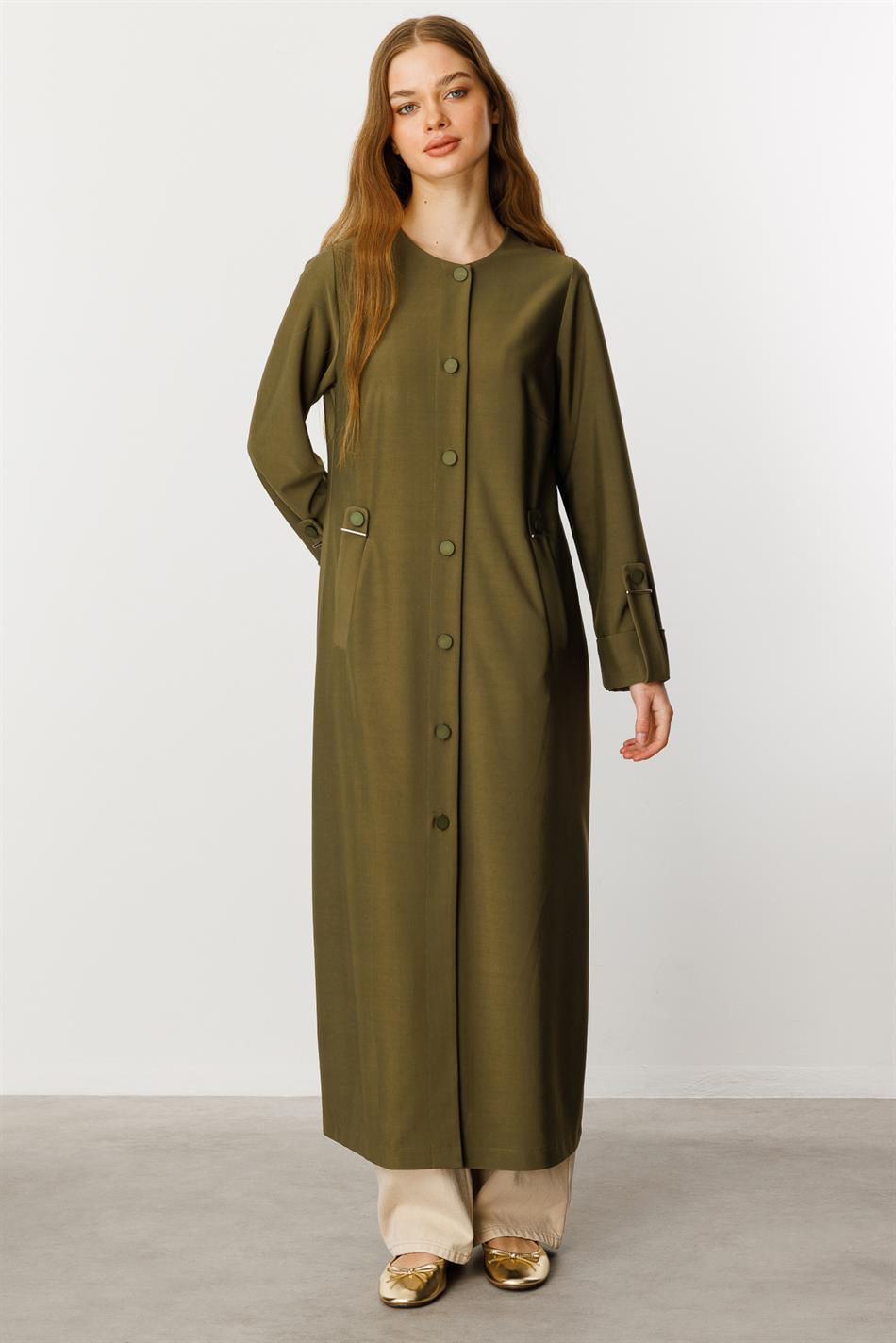 Op maat gemaakte gedrapeerde stoffen jas/abaya met accessoires - Khaki