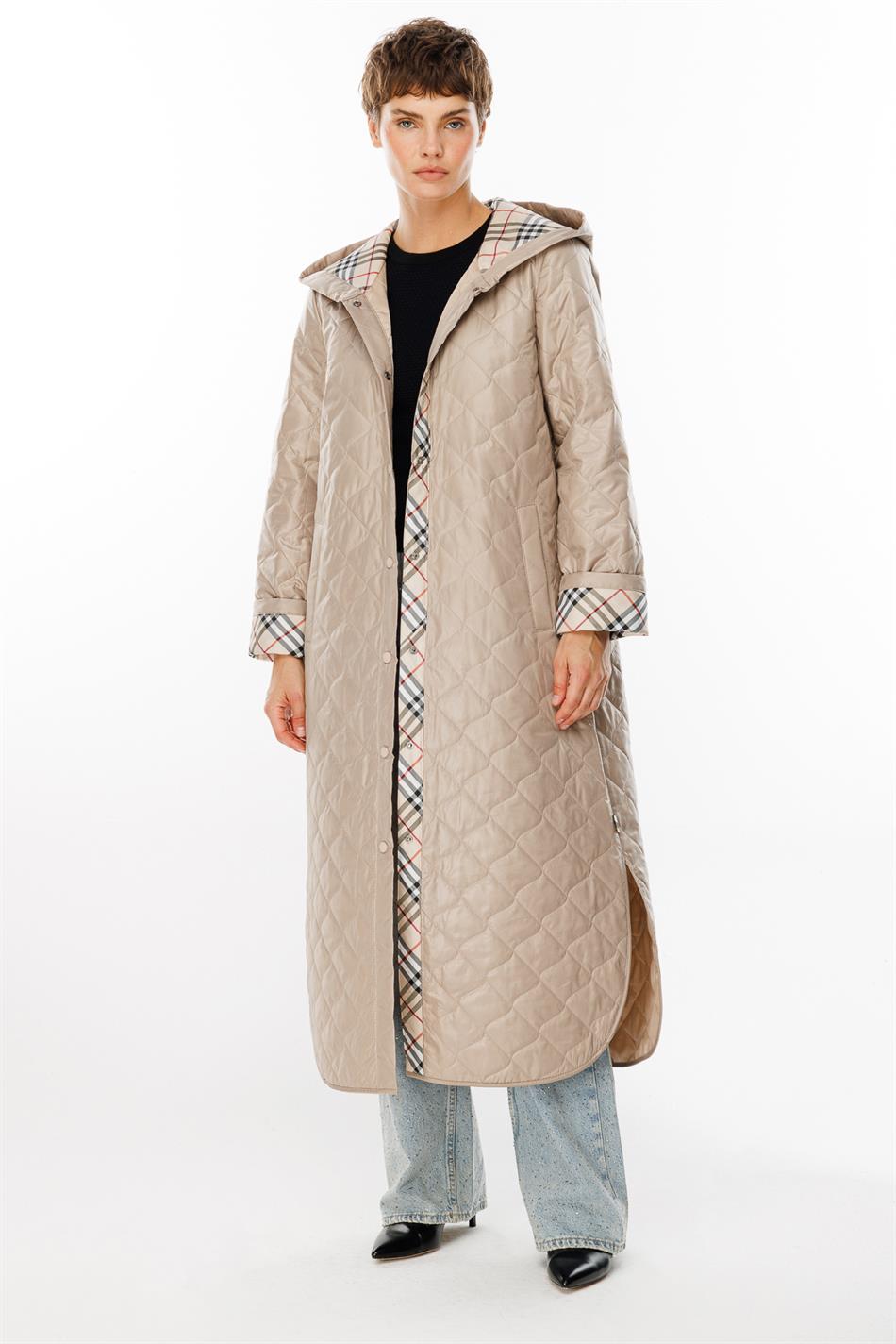 Special Patterned Spring Lightweight Padded Sporty Trench Coat - Stone
