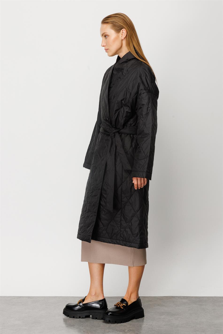 Pambıq Polka Nöqtəli Astarlı, Ön Qalstuklu Sırınmış Timeless Palto - Qara