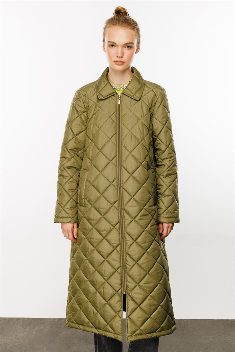 Paris Yüngül Lifli İzolyasiyalı Yaylı Trench Palto Gödəkçəsi - Yaşıl