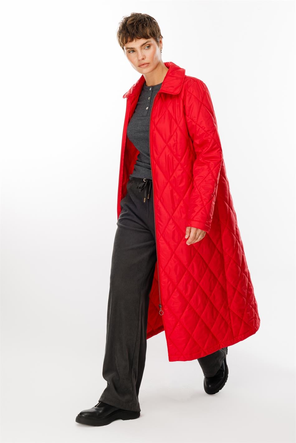 Paris Yüngül Lifli İzolyasiyalı Yaylı Trench Palto Gödəkçəsi - Qırmızı