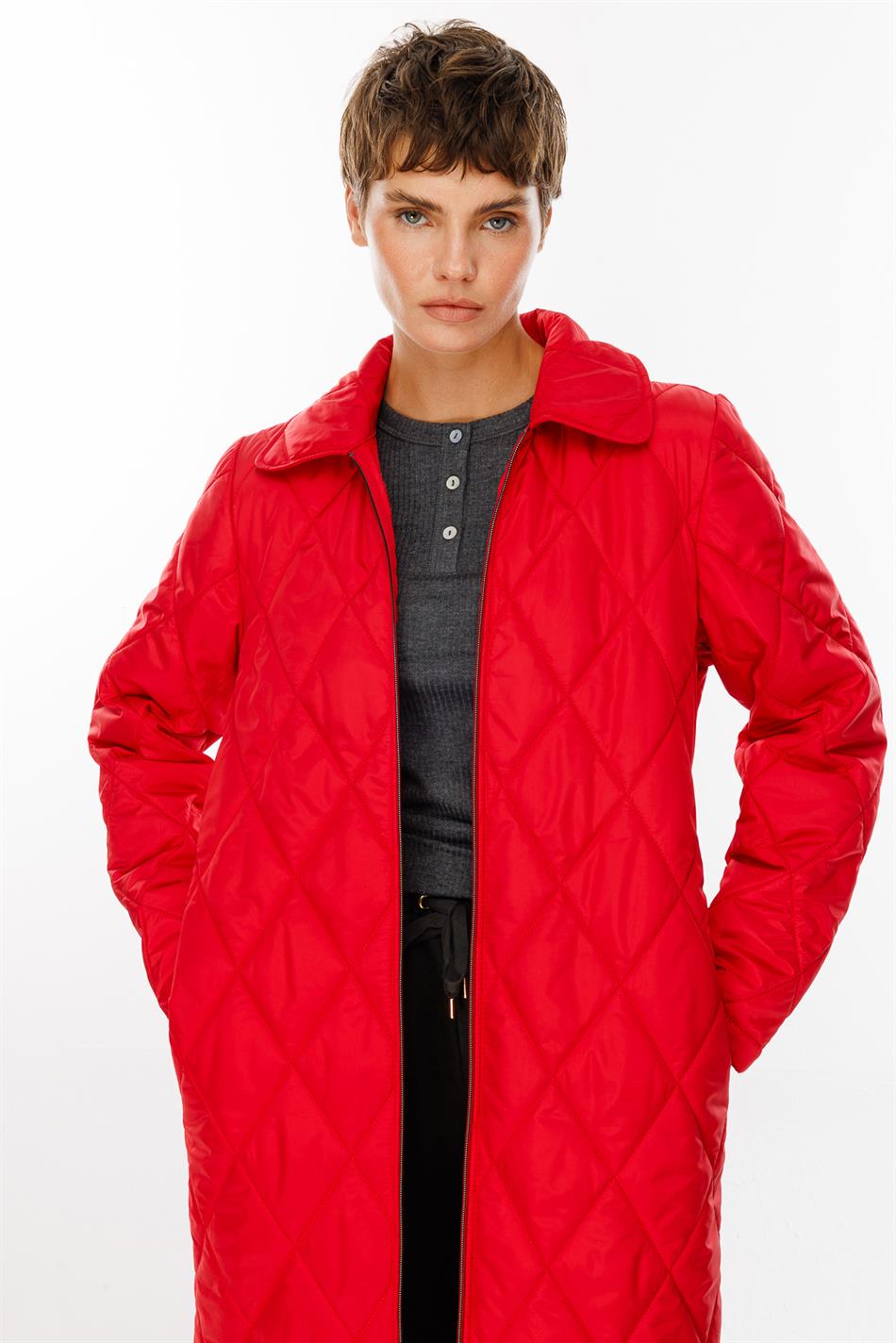 Paris Yüngül Lifli İzolyasiyalı Yaylı Trench Palto Gödəkçəsi - Qırmızı