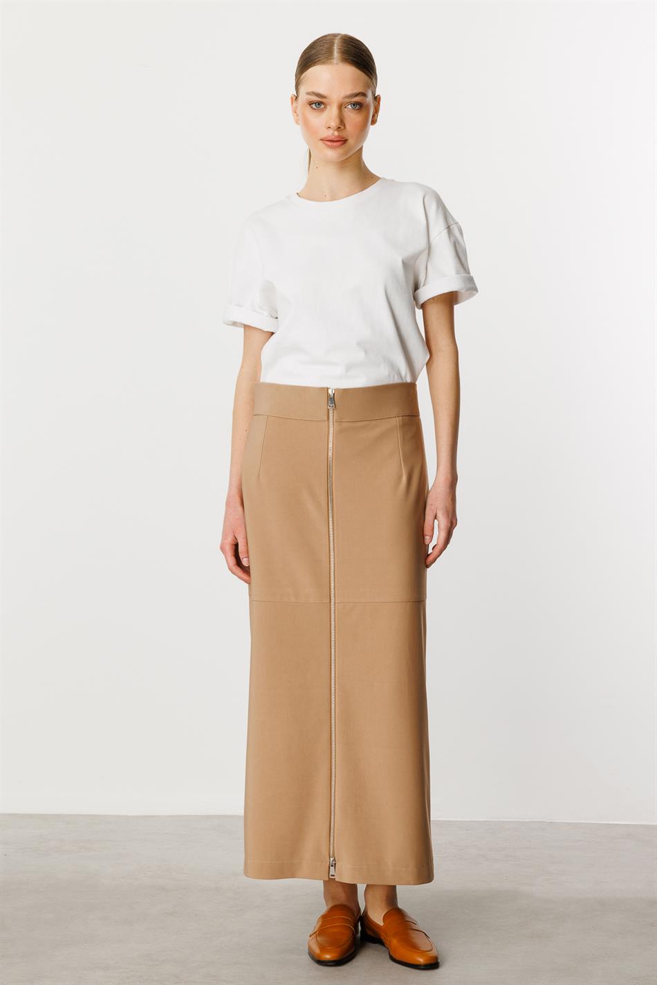 Part-Drawn Fabric Timeless Skirt - Camel